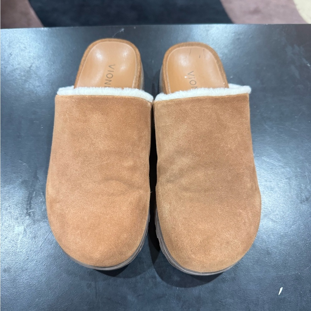 Vionic Women's Brown Suede Mules with Cream Trim